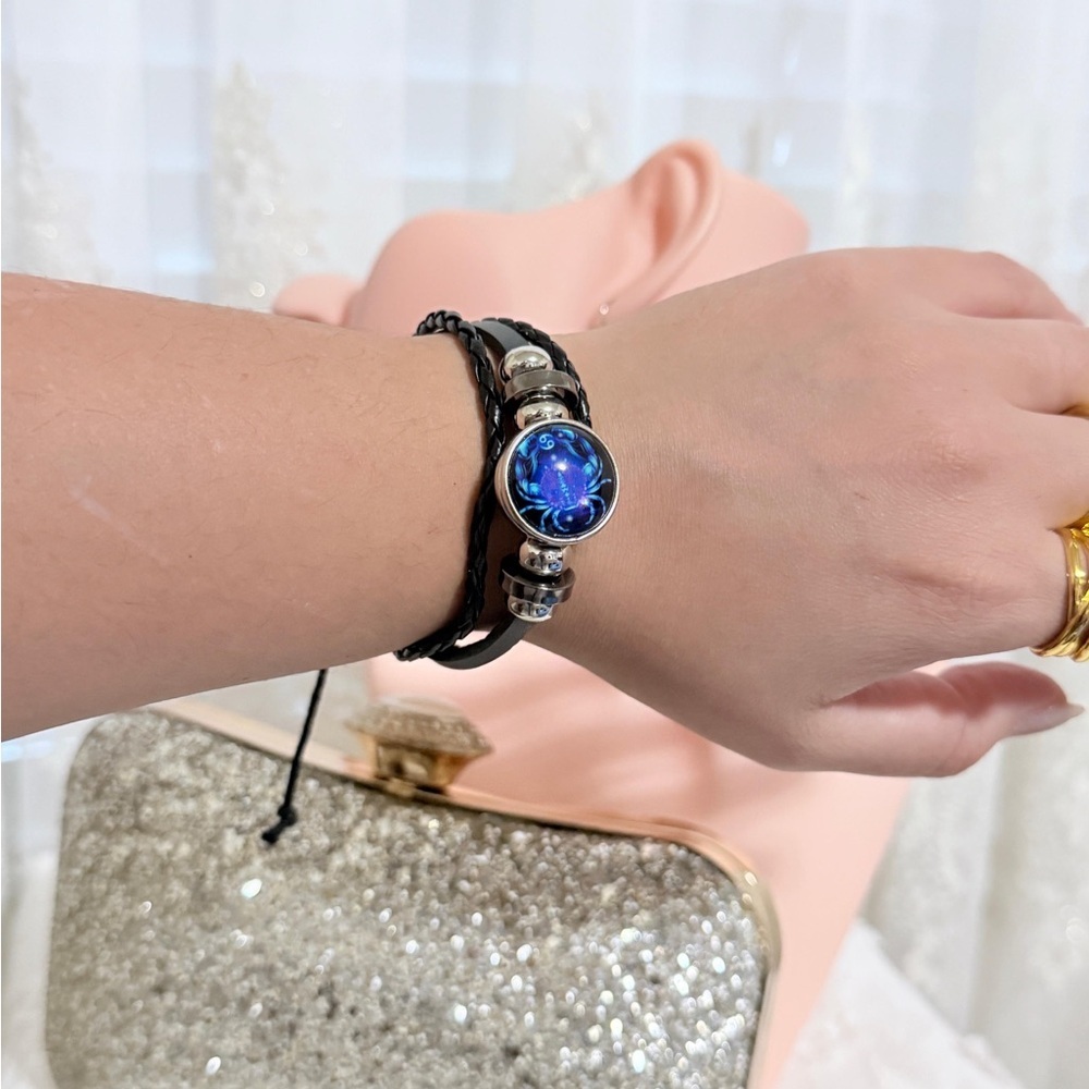 Black and Silver Cancer Zodiac Leather Bracelet. - Picture 4 of 7